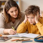 Enfant dys qui fait ses devoirs avec sa mère - Image générée par IA