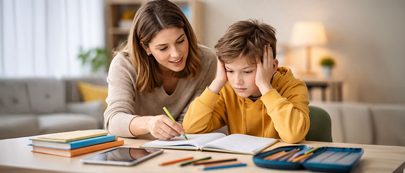 Enfant dys qui fait ses devoirs avec sa mère - Image générée par IA